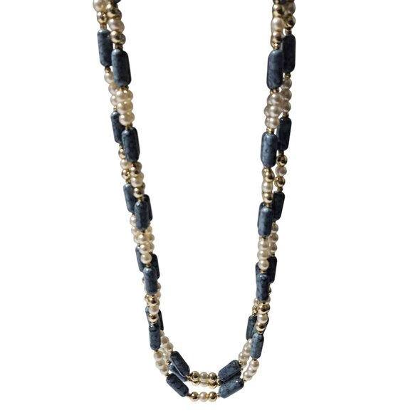 Vintage Elegant Blue Stone Faux Pearl Beaded Necklace Boho Chic Retro Fashion - Picture 1 of 6